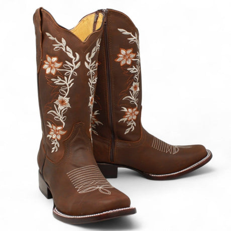 Women´s Genuine Crazy Leather Rodeo Toe With embroidered Flowers - Brown Color - La Carreta pair view