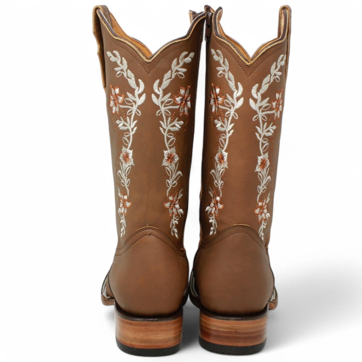 Women´s Genuine Crazy Leather Rodeo Toe With embroidered Flowers - Tan Color - La Carreta back