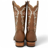 Women´s Genuine Crazy Leather Rodeo Toe With embroidered Flowers - Tan Color - La Carreta back
