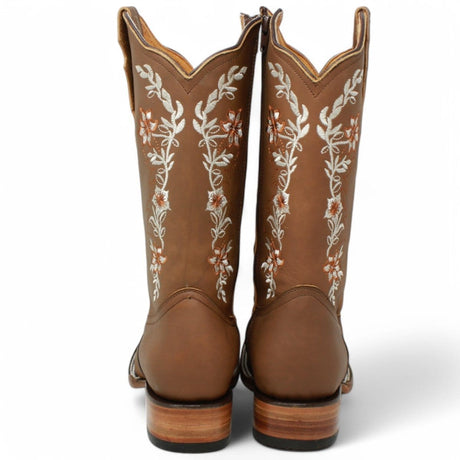 Women´s Genuine Crazy Leather Rodeo Toe With embroidered Flowers - Tan Color - La Carreta back