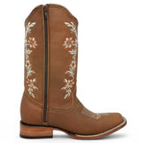 Women´s Genuine Crazy Leather Rodeo Toe With embroidered Flowers - Tan Color - La Carreta right side