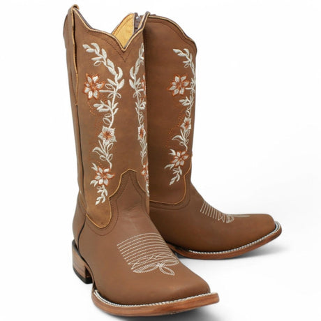 Women´s Genuine Crazy Leather Rodeo Toe With embroidered Flowers - Tan Color - La Carreta pair view