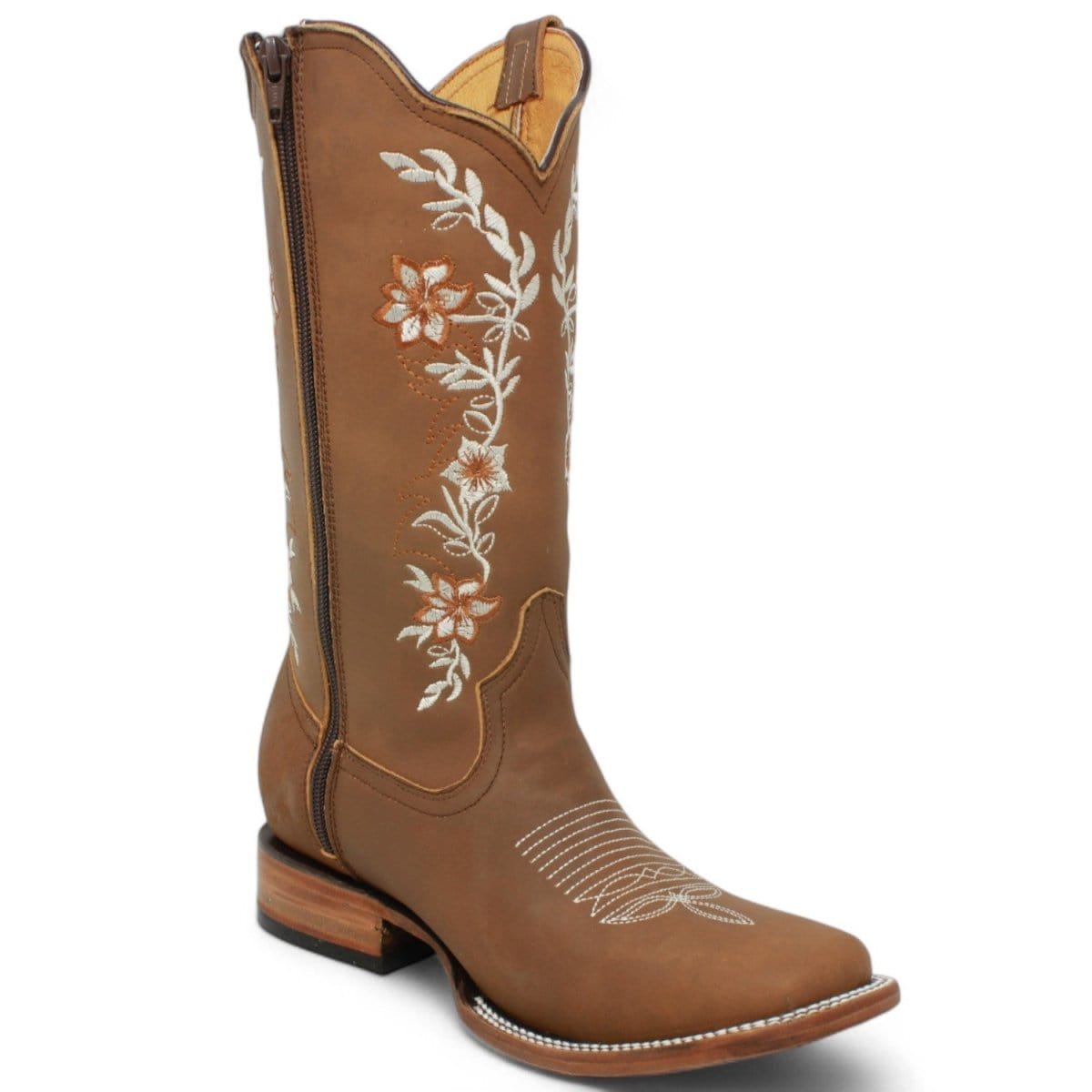 Women´s Genuine Crazy Leather Rodeo Toe With embroidered Flowers - Tan Color - La Carreta side view