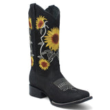 Women´s Genuine Leather Square Toe With embroidered SunFlowers - Black Color - La Carreta side view
