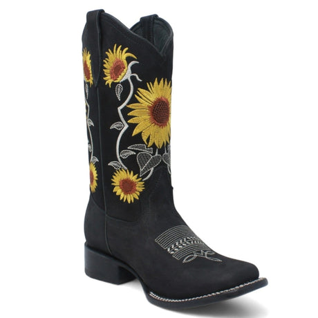 Women´s Genuine Leather Square Toe With embroidered SunFlowers - Black Color - La Carreta side view