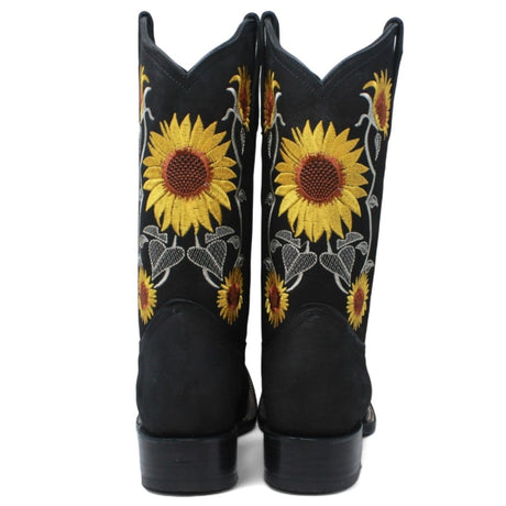 Women´s Genuine Leather Square Toe With embroidered SunFlowers - Black Color - La Carreta back view