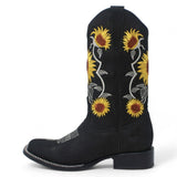 Women´s Genuine Leather Square Toe With embroidered SunFlowers - Black Color - La Carreta left side view
