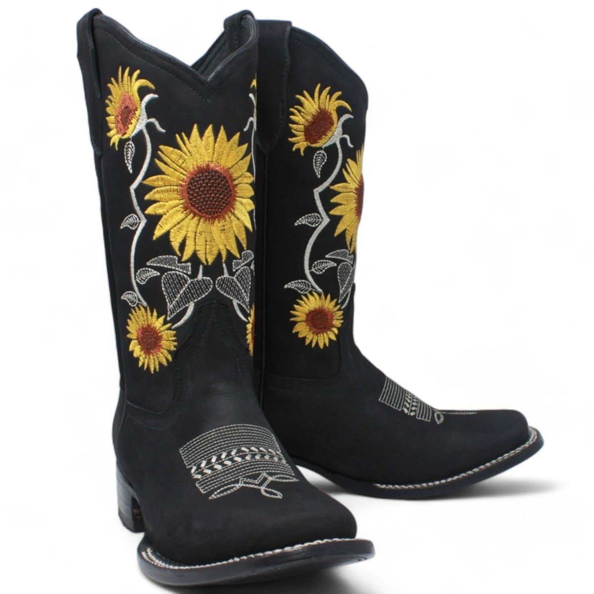 Women´s Genuine Leather Square Toe With embroidered SunFlowers - Black Color - La Carreta pair view