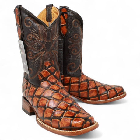 La Carreta Boots Men's Print Pirarucu Fish Square Toe Boots Honey Color - La Carreta
