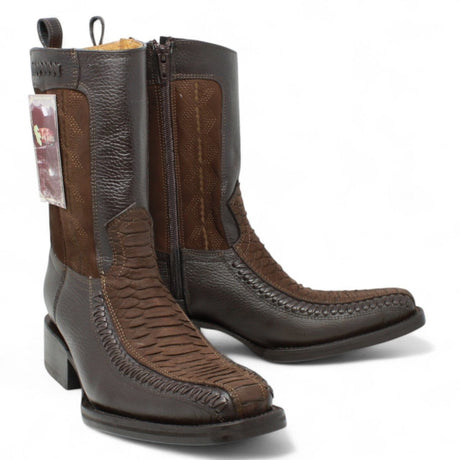 Men's Python Print Genuine Floater Leather Dubai&nbsp;Toe&nbsp;Boots Brown Color - La Carreta pair view