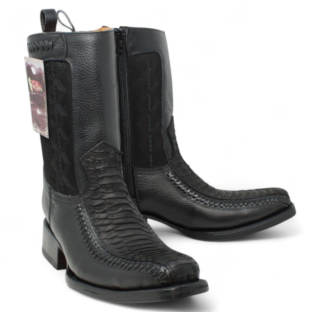 Men's Python Print Genuine Floater Leather Dubai&nbsp;Toe&nbsp;Boots Black Color - La Carreta pair view