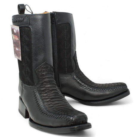 Men's Python Print Genuine Floater Leather Dubai&nbsp;Toe&nbsp;Boots Black Color - La Carreta pair view