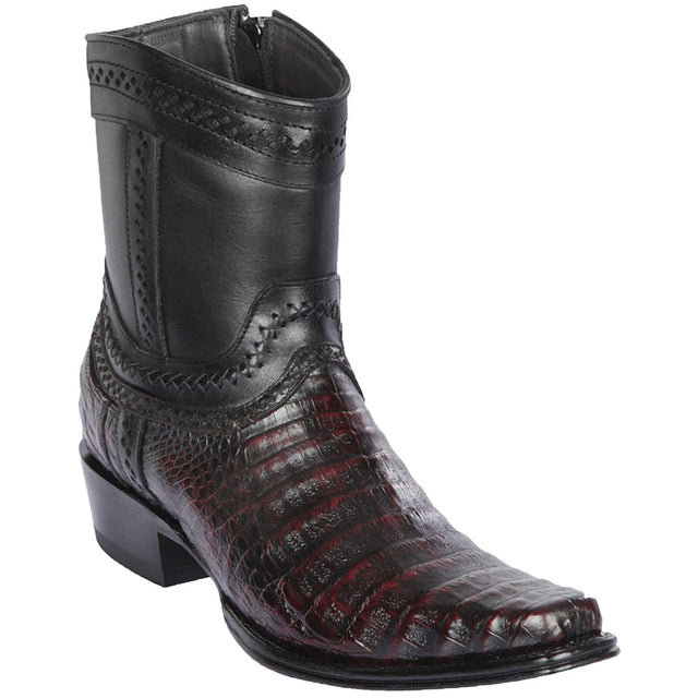 Men's Genuine Caiman Belly Skin European Square Toe Short Boots With Zipper Black Cherry Color - Los Altos Boots