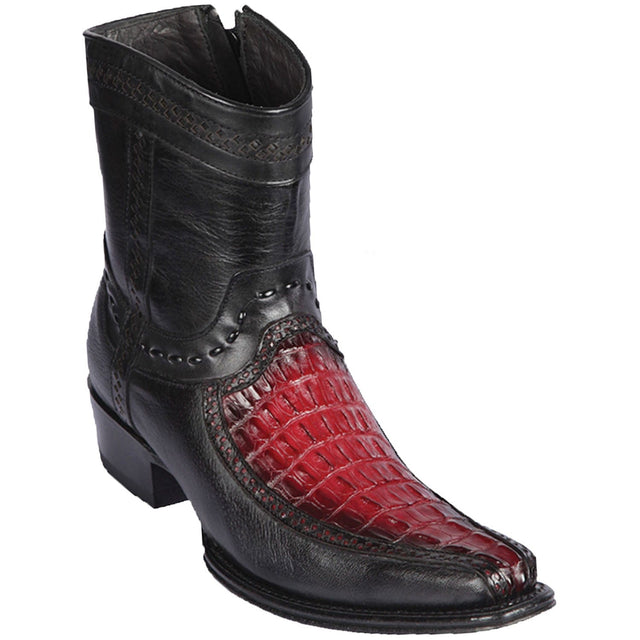 Men's Genuine Caiman Tail and Deer Skin European Square Toe Short Boots With Zipper Faded Burgundy Color - Los Altos Boots