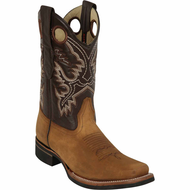 Western Genuine Crazy Leather Rodeo Square Toe Boots Tan Color - Los Altos Boots - Side View