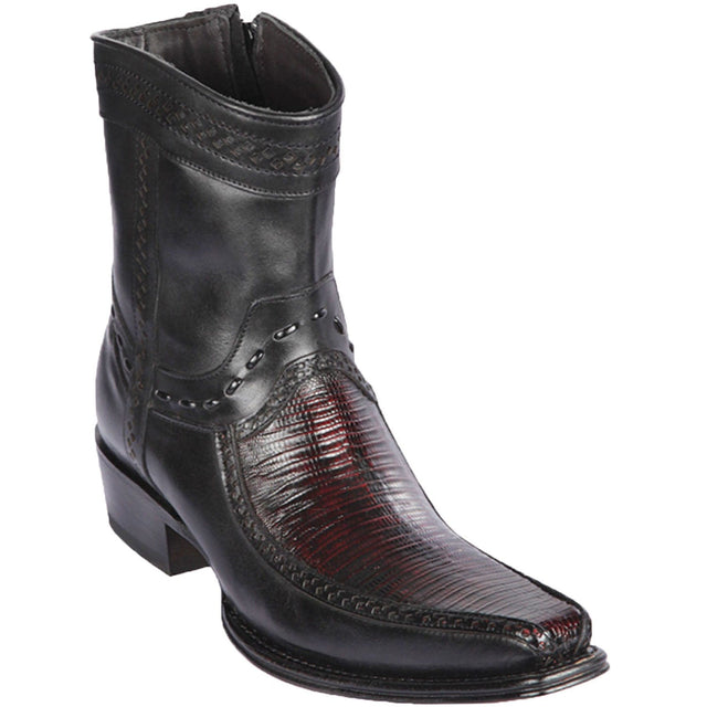 Men's Genuine Teju Lizard and Deer Skin European Square Toe Short Boots With Zipper Black Cherry Color - Los Altos Boots