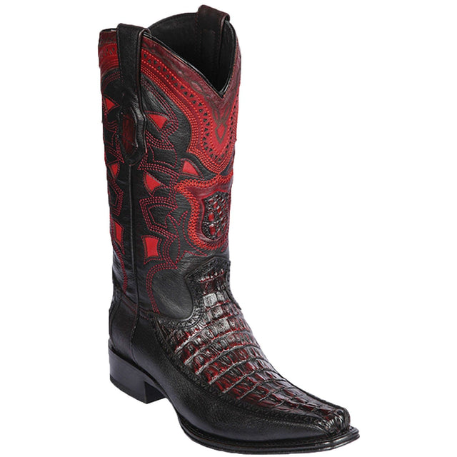 Men's Genuine Caiman Tail and Deer Skin European Square Toe Boots Black  Cherry Color - Los Altos Boots - Side View 
