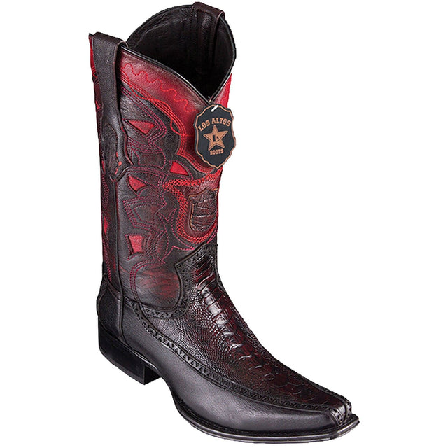 Men's Genuine Ostrich Leg and Deer Skin European Square Toe Boots Black Cherry Color - Los Altos boots  - Side View
