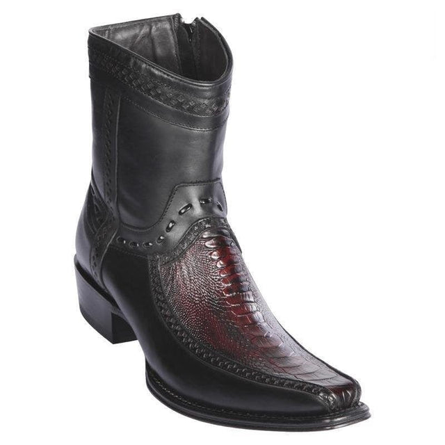 Men's Genuine Ostrich Leg and Deer Skin European Square Toe Short Boots With Zipper Black Cherry Color - Los Altos Boots
