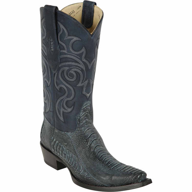 Western Genuine Ostrich Leg Skin Snip Toe Boots Rustic Blue Color - Los Altos Boots - SIde View 