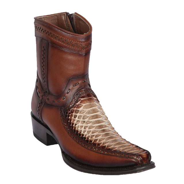 Men's Genuine Python and Deer Skin European Square Toe Short Boots With Zipper Rustic Brown Color - Los Altos Boots