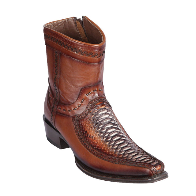 Men's Genuine Python and Deer Skin European Square Toe Short Boots With Zipper Rustic Cognac Color - Los Altos Boots
