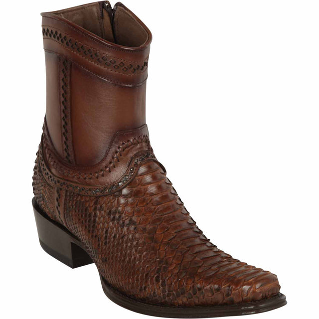 Men's Genuine Python Skin European Square Toe Short Boots With Zipper Porto Brown Color - Los Altos Boots