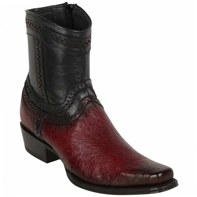Men's Genuine Smooth Ostrich Skin European Square Toe Short Boots With Zipper Faded Burgundy Color - Los Altos Boots