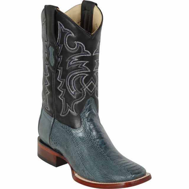 Western Genuine Ostrich Leg Skin WIde Square Toe Boots Denim Blue Color - Los Altos Boots - Side View 