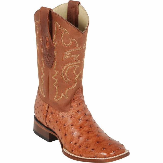 Western Genuine Ostrich Skin Rodeo Wide Square Toe Boots Brandy Color - Los Altos Boots - Side View 