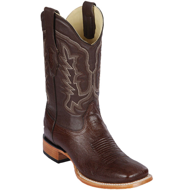 Western Genuine Smooth Ostrich Skin Rodeo Wide Square Toe Boots Brown Color - Los Altos Boots - Side View 