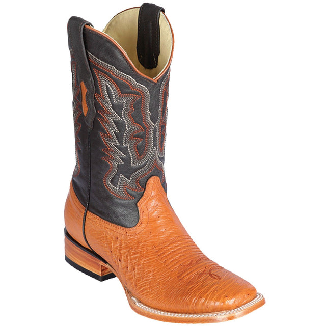 Western Genuine Smooth Ostrich Skin Rodeo Wide Square Toe Boots Honey Color - Los Altos Boots - Side View 