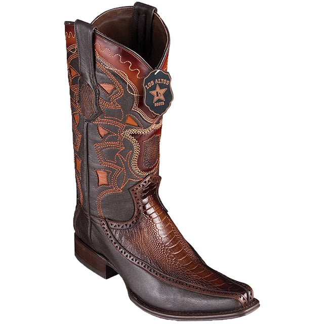 Men's Genuine Ostrich Leg and Deer Skin European Square Toe Boots Faded Brown Color - Los Altos boots  - Side View