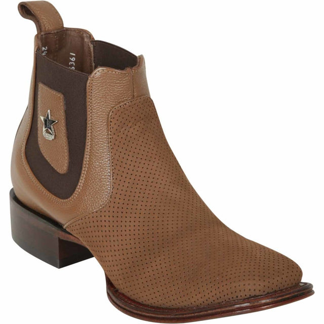 Western GFenuine Perforated Nobuck Leather Wide Square Toe Ankle Boots Taupe Color - Los Altos Boots - Side View 