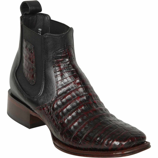 Men's Genuine Caiman Belly Skin Wide Square Toe Ankle Boots Black Cherry Color - Los Altos Boots - Side View