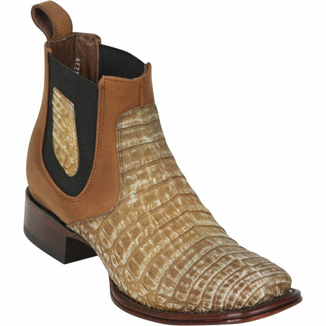 Men's Genuine Caiman Belly Skin Wide Square Toe Ankle Boots Sahara Stone Color - Los Altos Boots - Side View