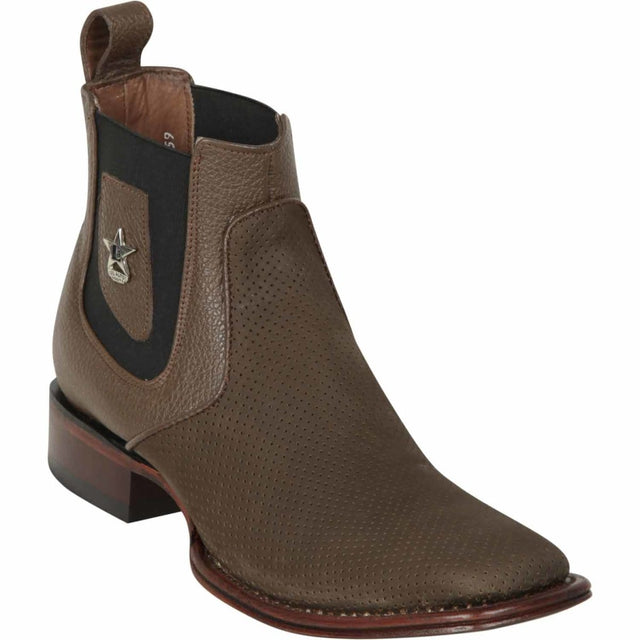 Western GFenuine Perforated Nobuck Leather Wide Square Toe Ankle Boots Tobacco Color - Los Altos Boots - Side View 