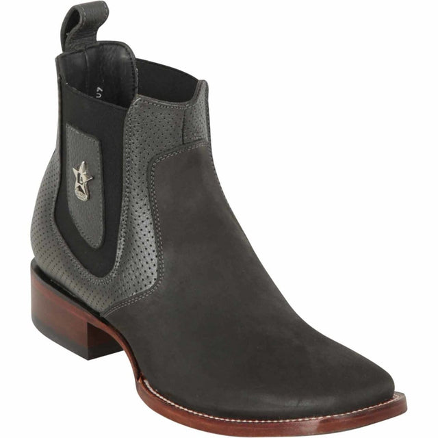 Western Genuine Nobuck leather Wide Square Toe Ankle Boots Gray Color - Los Altos Boots - Side View