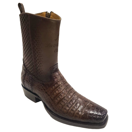 Los Altos Boots Boots Men's Genuine Caiman Belly Skin 7x Toe Short Boots With Zipper Faded Brown Color - Los Altos Boots