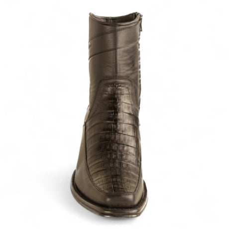 Los Altos Boots Boots Men's Genuine Caiman Belly Skin and Leather European Square Toe Short Boots With Zipper Black Color - Los Altos Boots