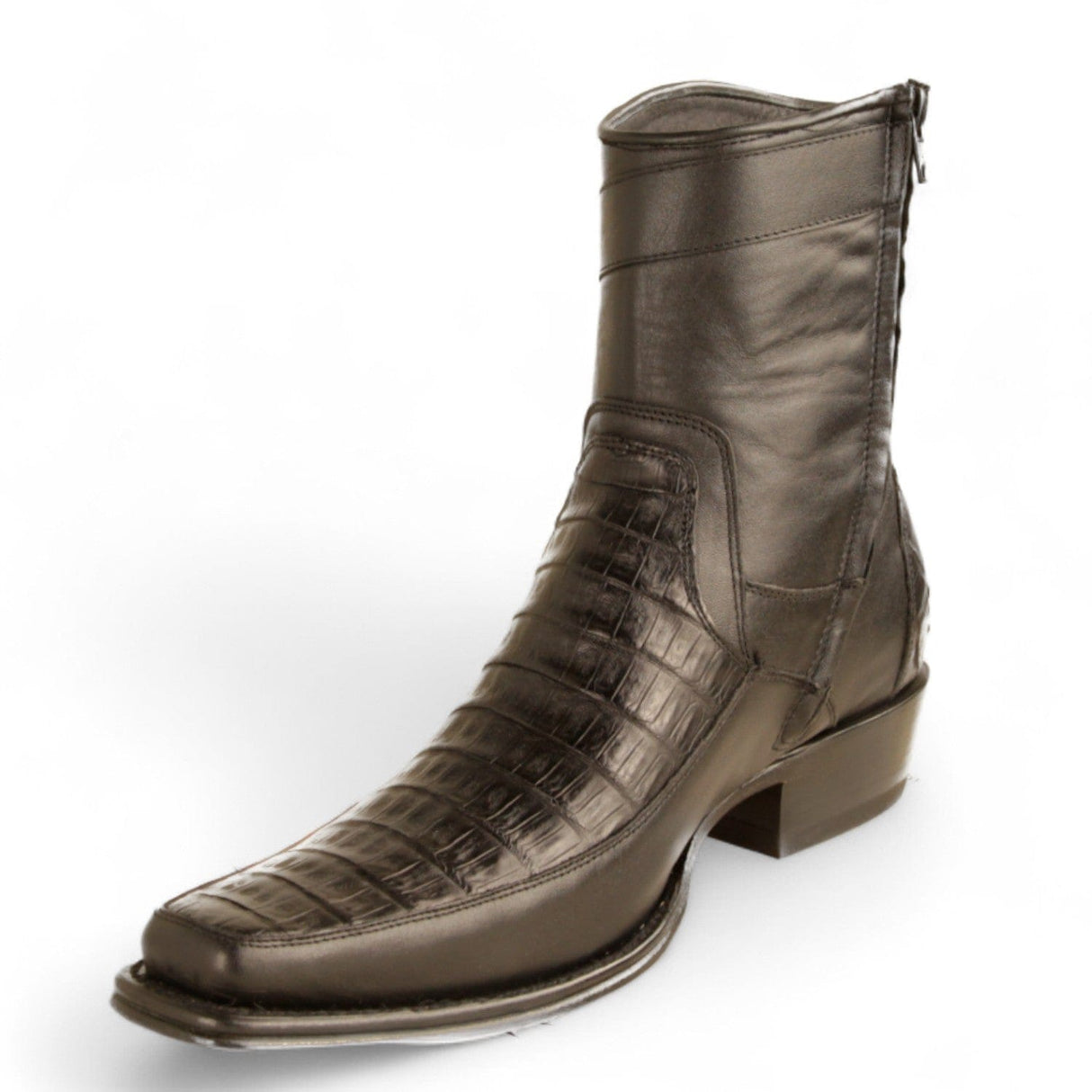 Los Altos Boots Boots Men's Genuine Caiman Belly Skin and Leather European Square Toe Short Boots With Zipper Black Color - Los Altos Boots