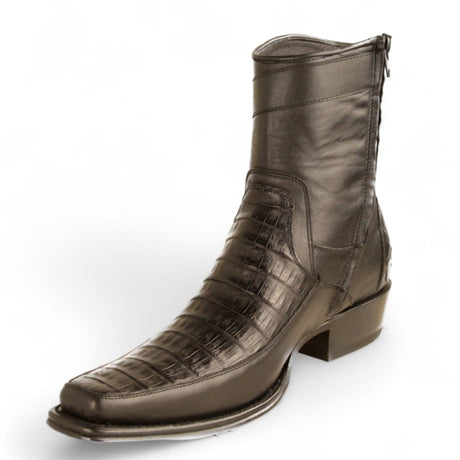 Los Altos Boots Boots Men's Genuine Caiman Belly Skin and Leather European Square Toe Short Boots With Zipper Black Color - Los Altos Boots