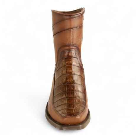 Los Altos Boots Boots Men's Genuine Caiman Belly Skin and Leather European Square Toe Short Boots With Zipper Faded Brown Color - Los Altos Boots