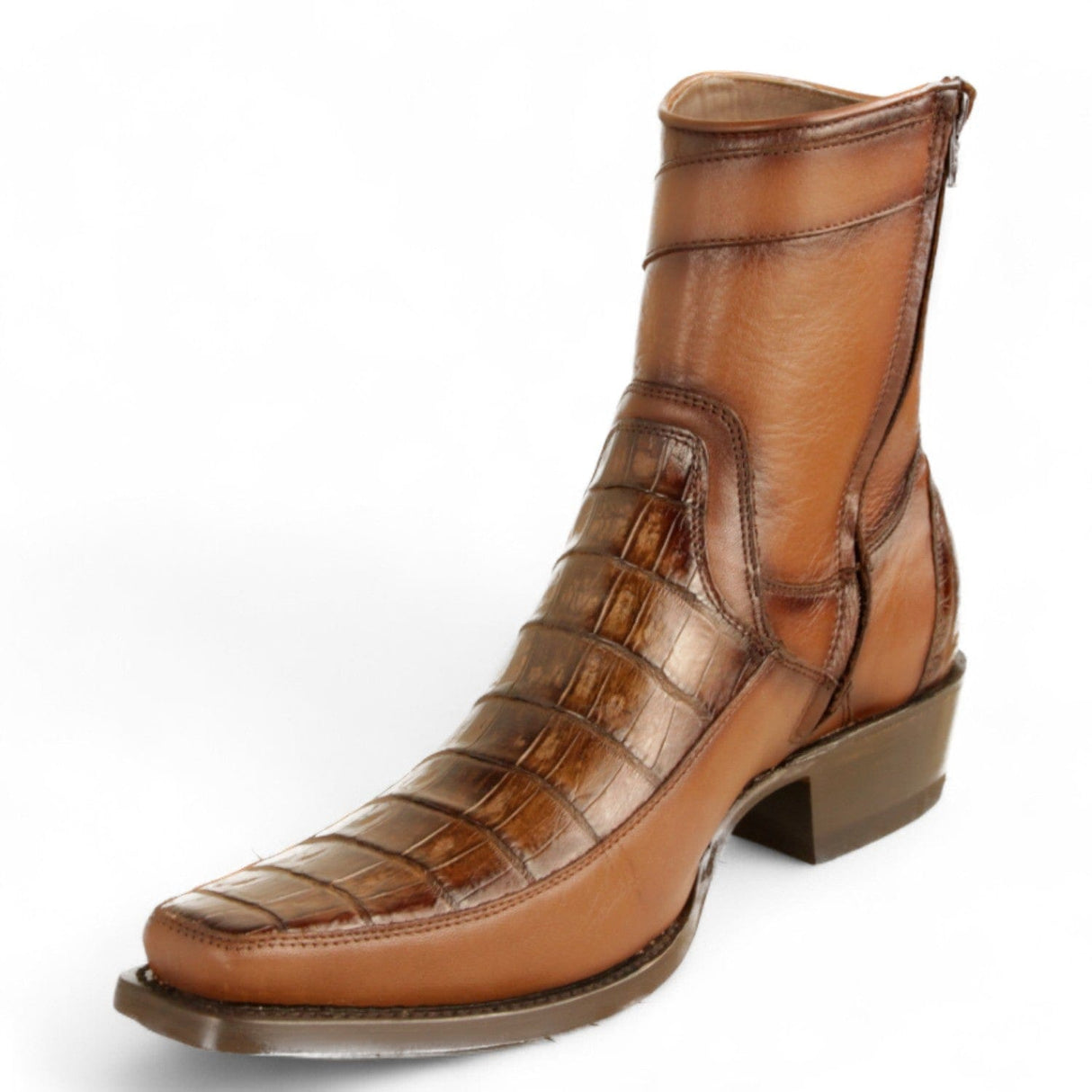 Los Altos Boots Boots Men's Genuine Caiman Belly Skin and Leather European Square Toe Short Boots With Zipper Faded Brown Color - Los Altos Boots