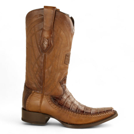 Los Altos Boots Boots Men's Genuine Caiman Belly Skin European Square Toe Boots Faded Brown Color - Los Altos Boots