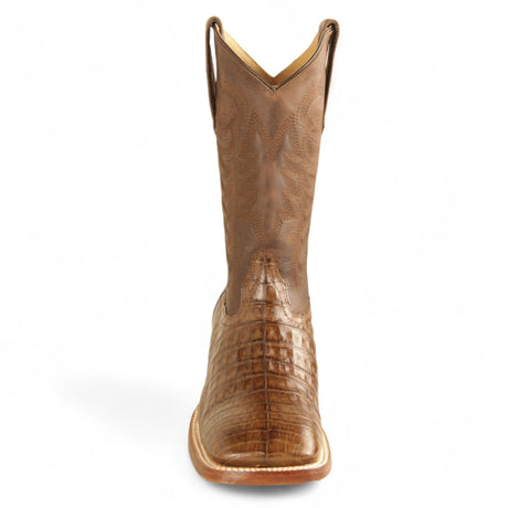 Men's Genuine Caiman Belly Skin Texas Wide Square Toe Boots Brown Color - Los Altos Boots - Front View