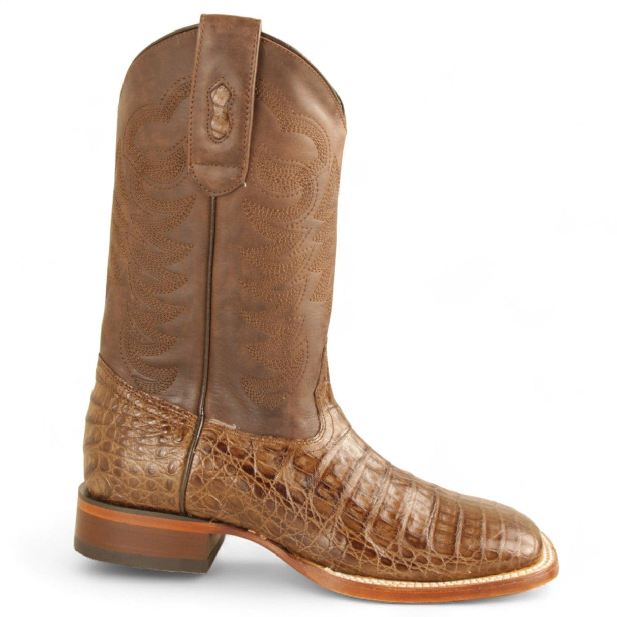 Men's Genuine Caiman Belly Skin Texas Wide Square Toe Boots Brown Color - Los Altos Boots - Right Side View
