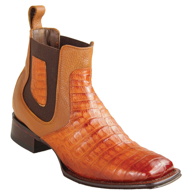 Los Altos Boots Boots Men´s Genuine Caiman Belly Skin Wide Square Toe Ankle Boots Faded Cognac Color - Los Altos Boots