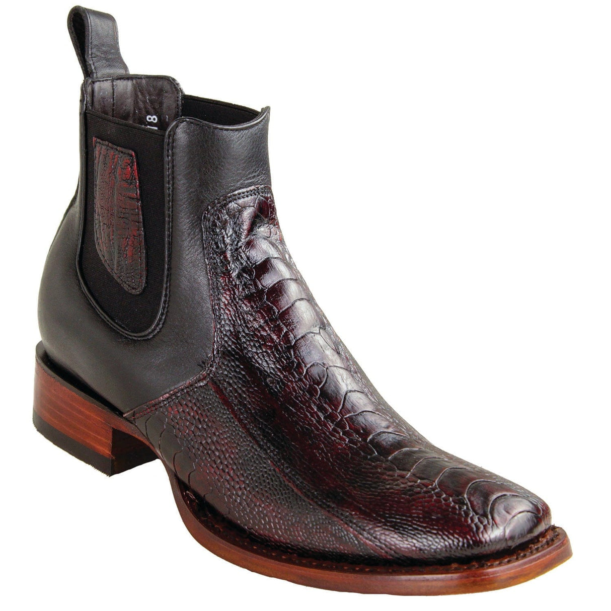 Los Altos Boots Boots Men´s Genuine Ostrich Leg Skin Wide Square Toe Ankle Boots Black Cherry Color - Los Altos Boots