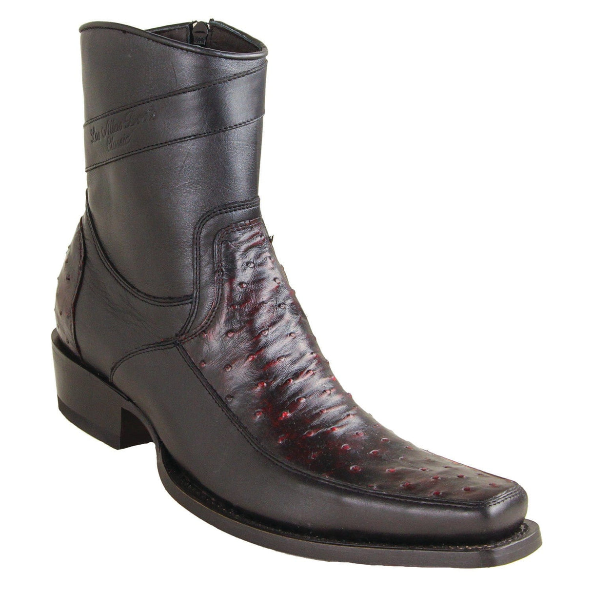 Los Altos Boots Boots Men's Genuine Ostrich Skin and Leather European Square Toe Short Boots With Zipper Black Cherry Color - Los Altos Boots